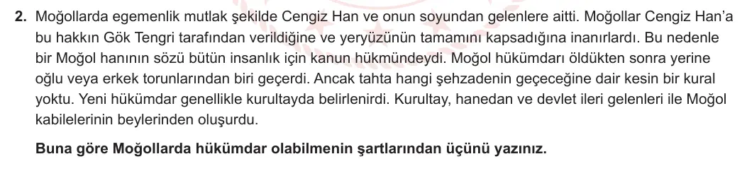 9. Sınıf Tarih 2023-2024 1. Dönem 2. Yazılı 2. Bölüm 2. Soru görseli