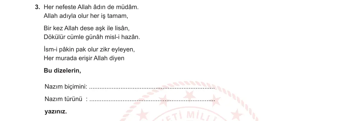 10. Sınıf Türk Dili ve Edebiyatı 2023-2024 1. Dönem 2. Yazılı 1. Bölüm 3. Soru görseli