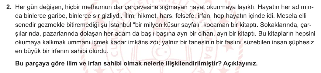 10. Sınıf Türk Dili ve Edebiyatı 2023-2024 1. Dönem 2. Yazılı 2. Bölüm 2. Soru görseli