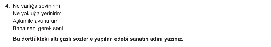 10. Sınıf Türk Dili ve Edebiyatı 2023-2024 1. Dönem 2. Yazılı 2. Bölüm 4. Soru görseli