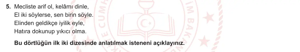 10. Sınıf Türk Dili ve Edebiyatı 2023-2024 1. Dönem 2. Yazılı 2. Bölüm 5. Soru görseli
