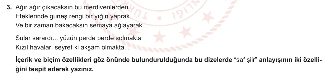 11. Sınıf Türk Dili ve Edebiyatı 2023-2024 1. Dönem 2. Yazılı 1. Bölüm 3. Soru görseli