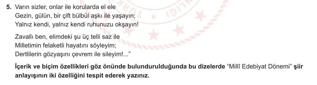 11. Sınıf Türk Dili ve Edebiyatı 2023-2024 1. Dönem 2. Yazılı 2. Bölüm 5. Soru görseli