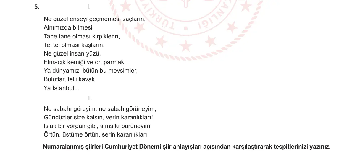 12. Sınıf Türk Dili ve Edebiyatı 2023-2024 1. Dönem 2. Yazılı 1. Bölüm 5. Soru görseli