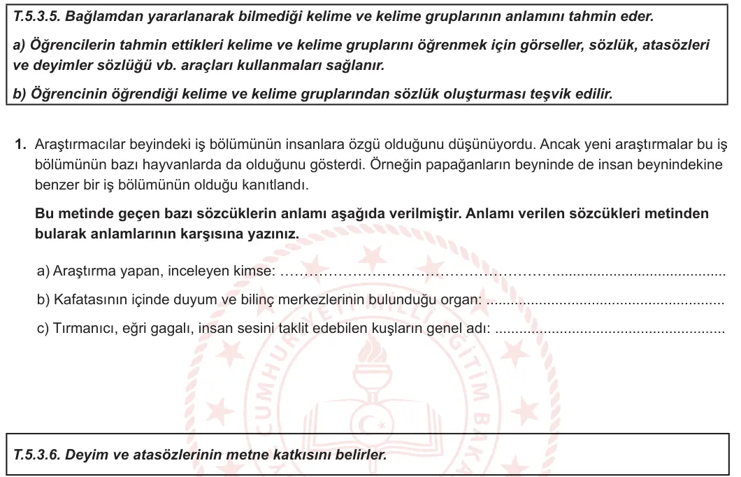 5. Sınıf Türkçe 2023-2024 1. Dönem 2. Yazılı 1. Bölüm 1. Soru görseli