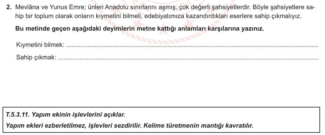 5. Sınıf Türkçe 2023-2024 1. Dönem 2. Yazılı 1. Bölüm 2. Soru görseli