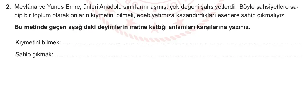 5. Sınıf Türkçe 2023-2024 1. Dönem 2. Yazılı 1. Bölüm 2. Soru görseli