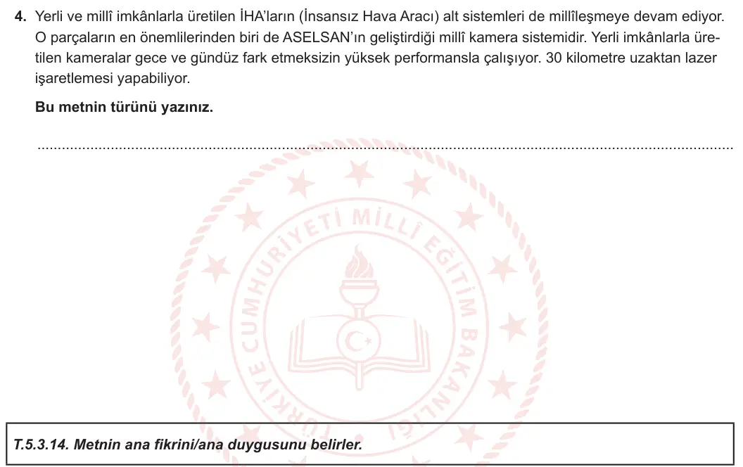 5. Sınıf Türkçe 2023-2024 1. Dönem 2. Yazılı 1. Bölüm 4. Soru görseli