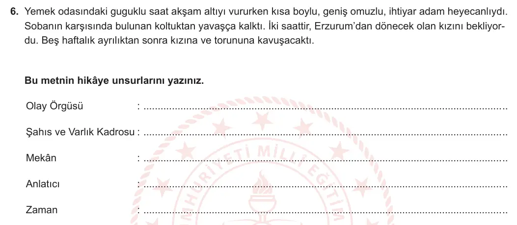 5. Sınıf Türkçe 2023-2024 1. Dönem 2. Yazılı 1. Bölüm 6. Soru görseli