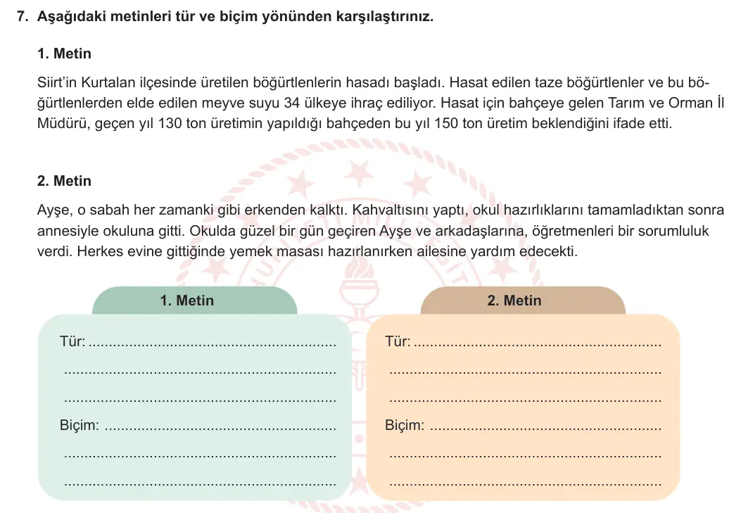 5. Sınıf Türkçe 2023-2024 1. Dönem 2. Yazılı 1. Bölüm 7. Soru görseli