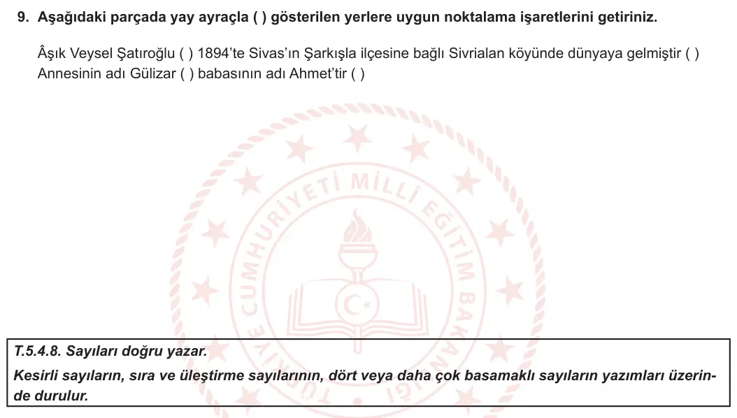 5. Sınıf Türkçe 2023-2024 1. Dönem 2. Yazılı 1. Bölüm 9. Soru görseli
