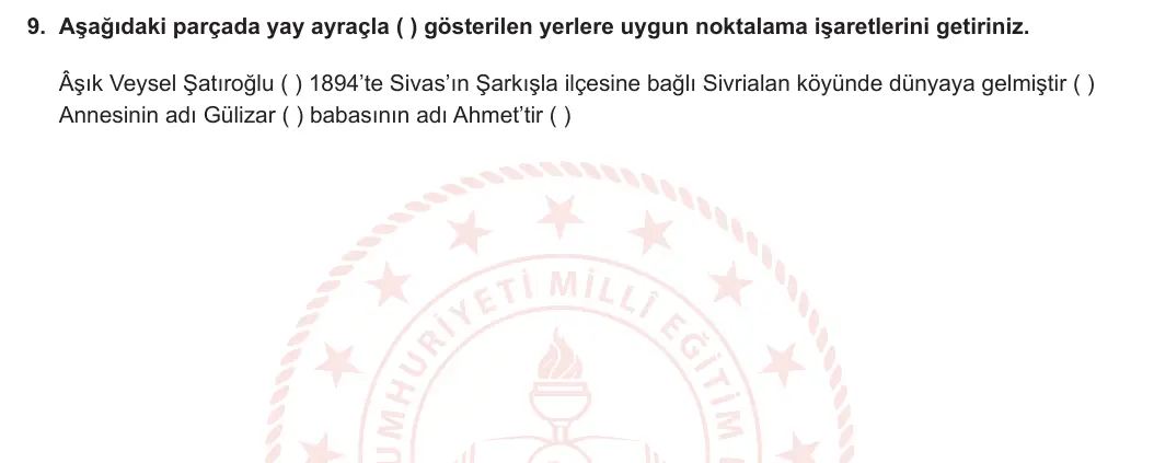 5. Sınıf Türkçe 2023-2024 1. Dönem 2. Yazılı 1. Bölüm 9. Soru görseli