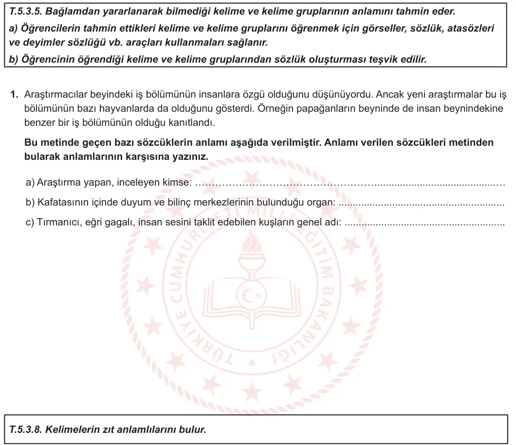 5. Sınıf Türkçe 2023-2024 1. Dönem 2. Yazılı 2. Bölüm 1. Soru görseli