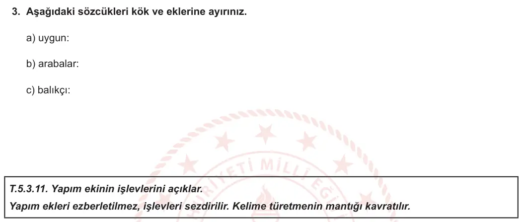 5. Sınıf Türkçe 2023-2024 1. Dönem 2. Yazılı 2. Bölüm 3. Soru görseli
