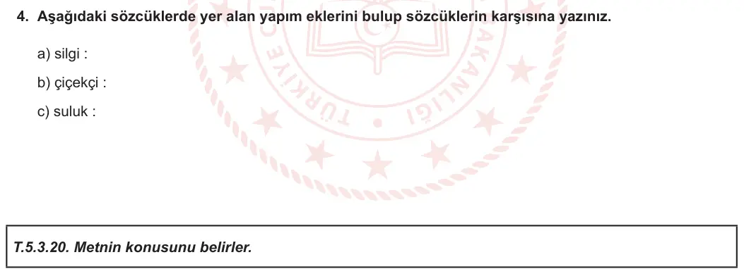 5. Sınıf Türkçe 2023-2024 1. Dönem 2. Yazılı 2. Bölüm 4. Soru görseli