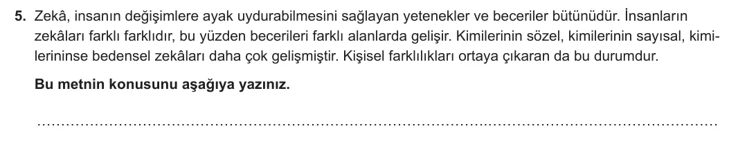 5. Sınıf Türkçe 2023-2024 1. Dönem 2. Yazılı 2. Bölüm 5. Soru görseli