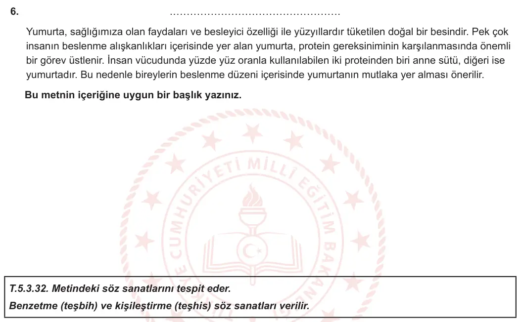 5. Sınıf Türkçe 2023-2024 1. Dönem 2. Yazılı 2. Bölüm 6. Soru görseli