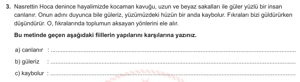 7. Sınıf Türkçe 2023-2024 1. Dönem 2. Yazılı 1. Bölüm 3. Soru görseli
