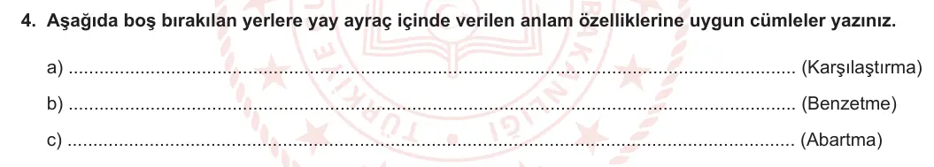 7. Sınıf Türkçe 2023-2024 1. Dönem 2. Yazılı 1. Bölüm 4. Soru görseli