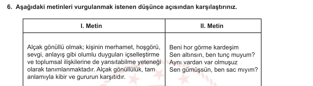 7. Sınıf Türkçe 2023-2024 1. Dönem 2. Yazılı 1. Bölüm 6. Soru görseli