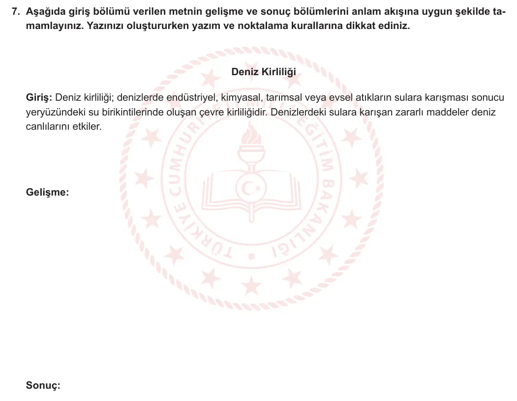 7. Sınıf Türkçe 2023-2024 1. Dönem 2. Yazılı 1. Bölüm 7. Soru görseli
