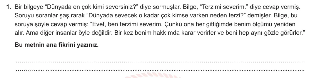 7. Sınıf Türkçe 2023-2024 1. Dönem 2. Yazılı 2. Bölüm 1. Soru görseli