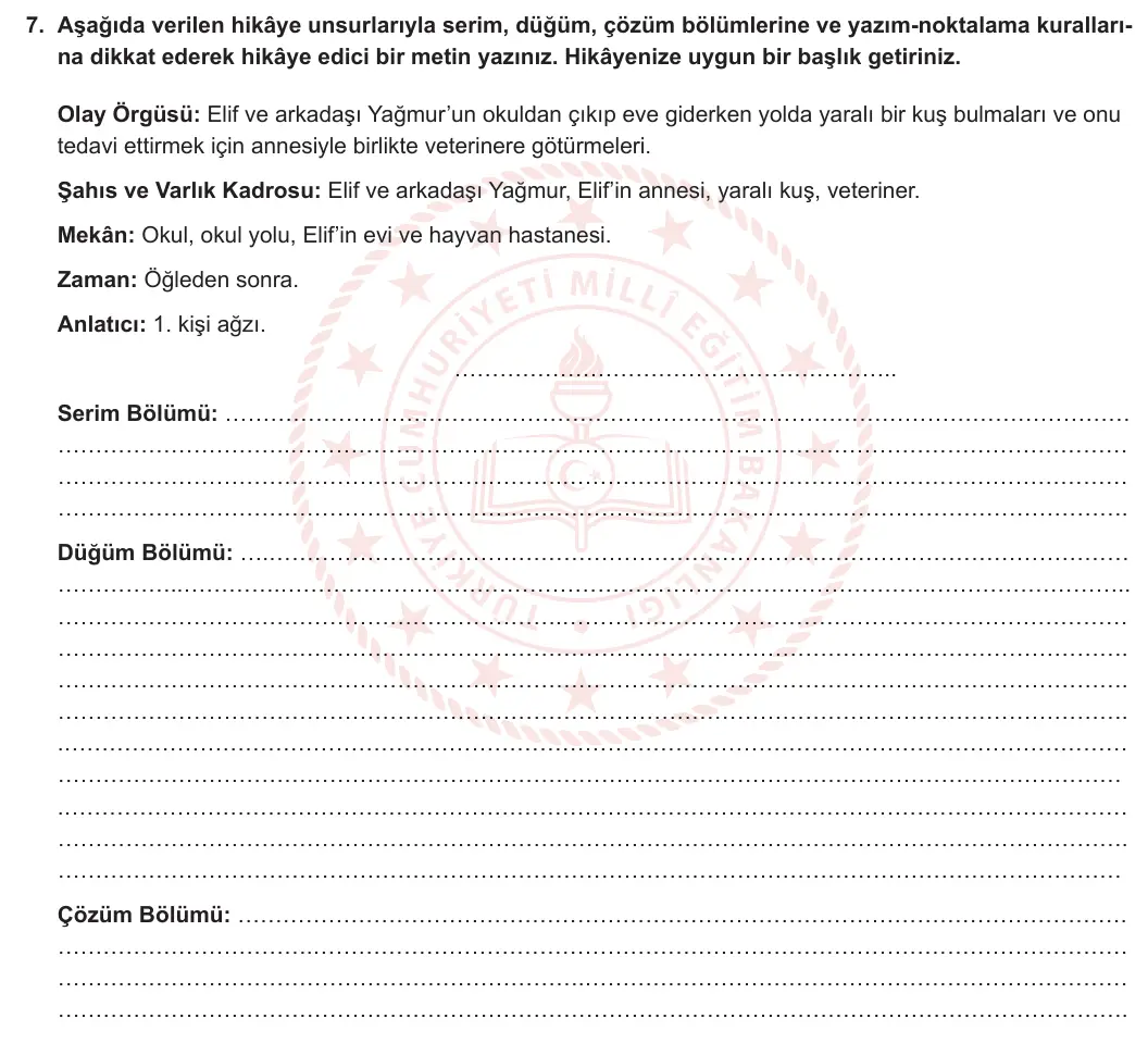 8. Sınıf Türkçe 2023-2024 1. Dönem 2. Yazılı 1. Bölüm 7. Soru (Ferman Yayınları) görseli
