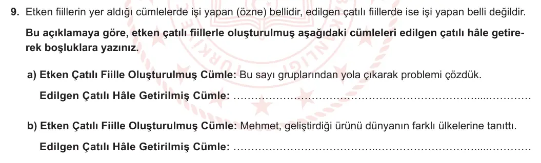 8. Sınıf Türkçe 2023-2024 1. Dönem 2. Yazılı 1. Bölüm 9. Soru (Ferman Yayınları) görseli