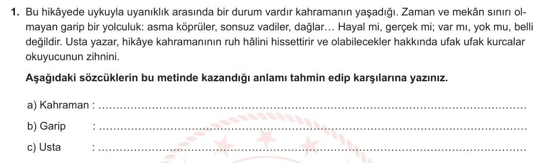 8. Sınıf Türkçe 2023-2024 1. Dönem 2. Yazılı 2. Bölüm 1. Soru (Ferman Yayınları) görseli