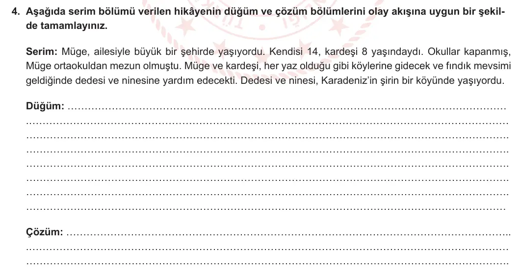 8. Sınıf Türkçe 2023-2024 1. Dönem 2. Yazılı 2. Bölüm 4. Soru (Ferman Yayınları) görseli
