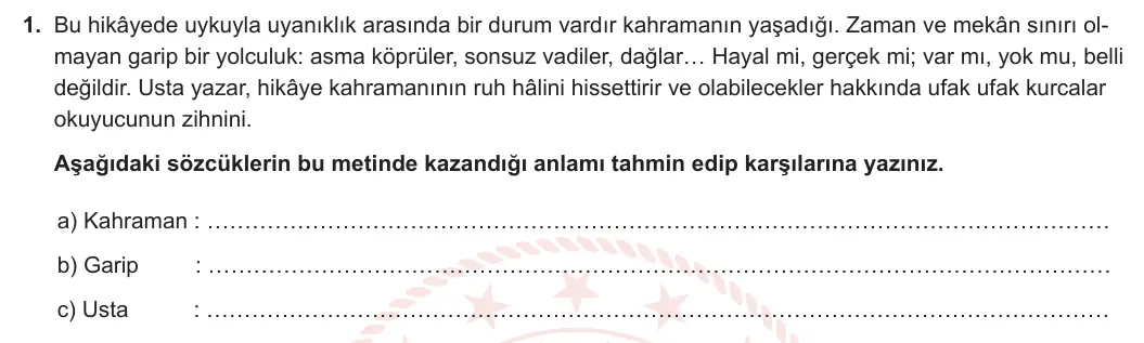 8. Sınıf Türkçe 2023-2024 1. Dönem 2. Yazılı 1. Bölüm 1. Soru (MEB Yayınları) görseli