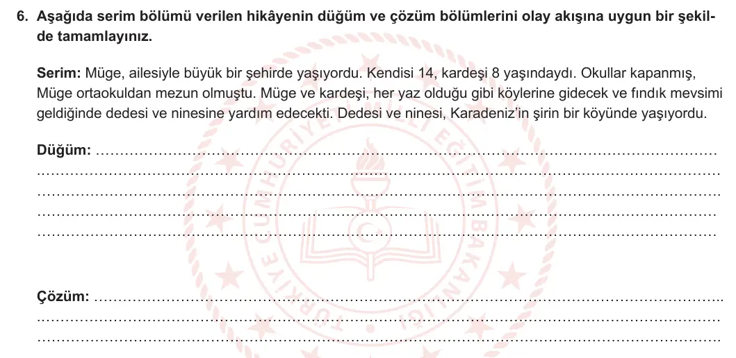 8. Sınıf Türkçe 2023-2024 1. Dönem 2. Yazılı 1. Bölüm 6. Soru (MEB Yayınları) görseli