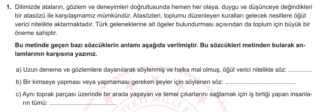 8. Sınıf Türkçe 2023-2024 1. Dönem 2. Yazılı 2. Bölüm 1. Soru (MEB Yayınları) görseli