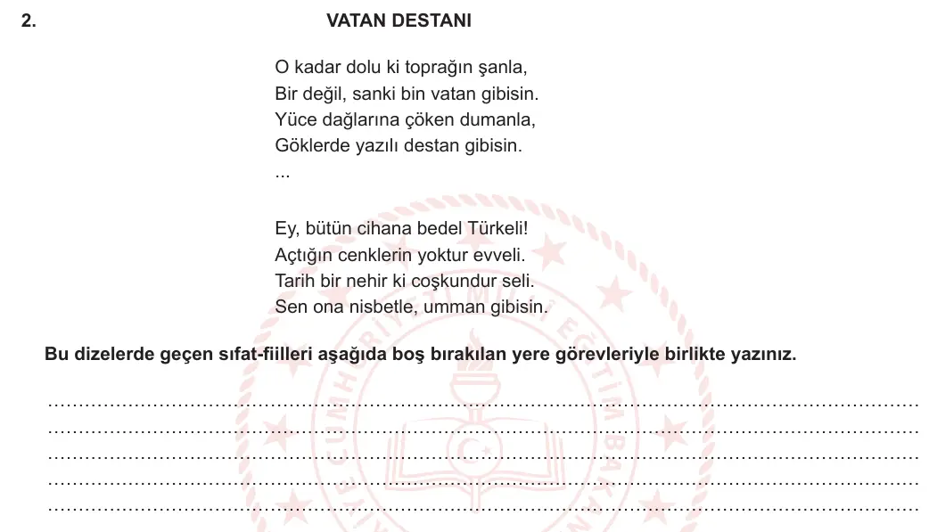 8. Sınıf Türkçe 2023-2024 1. Dönem 2. Yazılı 2. Bölüm 2. Soru (MEB Yayınları) görseli
