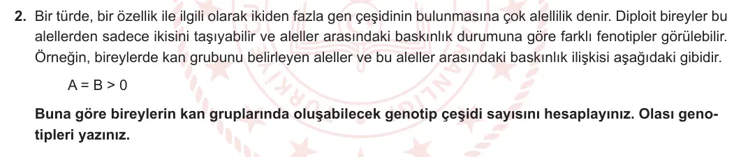 10. Sınıf Biyoloji 2023-2024 2. Dönem 1. Yazılı 1. Bölüm 2. Soru görseli