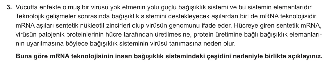 11. Sınıf Biyoloji 2023-2024 2. Dönem 1. Yazılı 2. Bölüm 3. Soru görseli