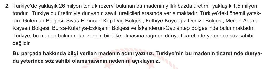 11. Sınıf Coğrafya 2023-2024 2. Dönem 1. Yazılı 1. Bölüm 2. Soru görseli