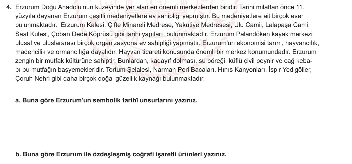 12. Sınıf Coğrafya 2023-2024 2. Dönem 1. Yazılı 2. Bölüm 4. Soru görseli