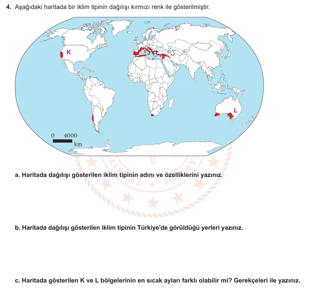 9. Sınıf Coğrafya 2023-2024 2. Dönem 1. Yazılı 1. Bölüm 4. Soru görseli