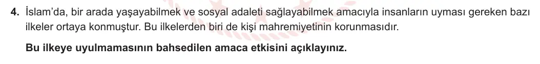 10. Sınıf Din Kültürü ve Ahlak Bilgisi 2023-2024 2. Dönem 1. Yazılı 1. Bölüm 4. Soru görseli