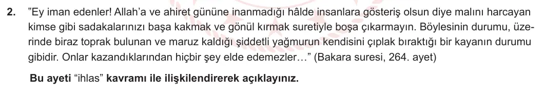 11. Sınıf Din Kültürü ve Ahlak Bilgisi 2023-2024 2. Dönem 1. Yazılı 1. Bölüm 2. Soru görseli