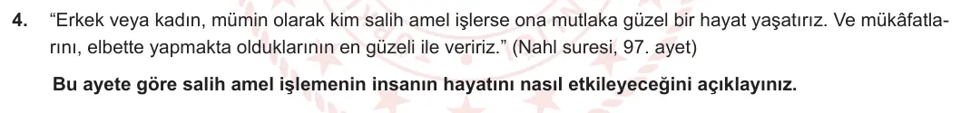 11. Sınıf Din Kültürü ve Ahlak Bilgisi 2023-2024 2. Dönem 1. Yazılı 1. Bölüm 4. Soru görseli