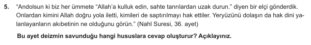 11. Sınıf Din Kültürü ve Ahlak Bilgisi 2023-2024 2. Dönem 1. Yazılı 1. Bölüm 5. Soru görseli
