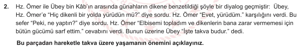 11. Sınıf Din Kültürü ve Ahlak Bilgisi 2023-2024 2. Dönem 1. Yazılı 2. Bölüm 2. Soru görseli