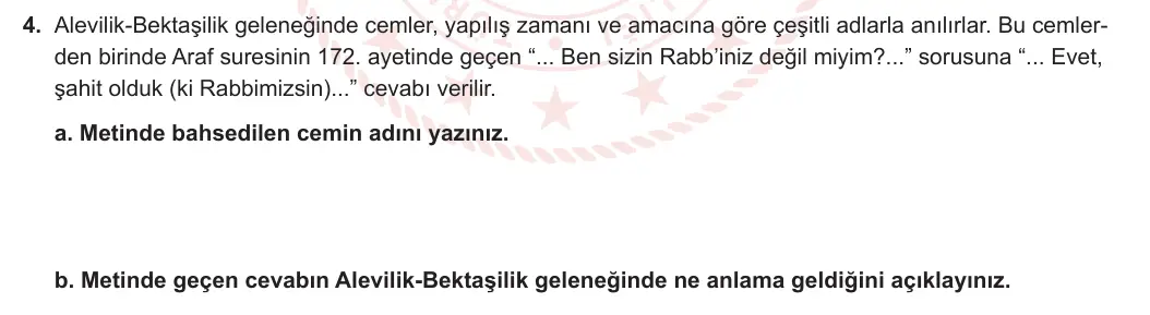 12. Sınıf Din Kültürü ve Ahlak Bilgisi 2023-2024 2. Dönem 1. Yazılı 1. Bölüm 4. Soru görseli