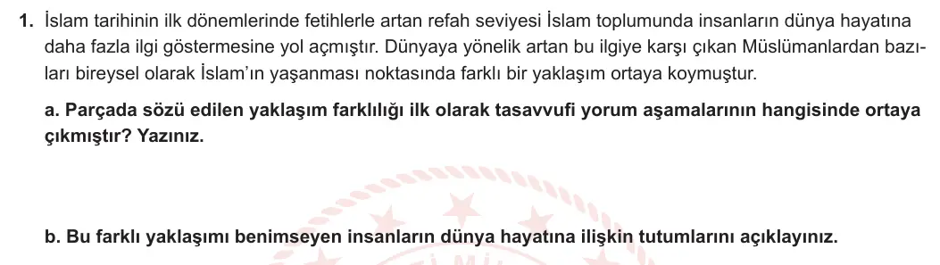 12. Sınıf Din Kültürü ve Ahlak Bilgisi 2023-2024 2. Dönem 1. Yazılı 2. Bölüm 1. Soru görseli