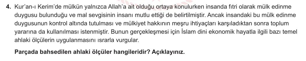 12. Sınıf Din Kültürü ve Ahlak Bilgisi 2023-2024 2. Dönem 1. Yazılı 2. Bölüm 4. Soru görseli
