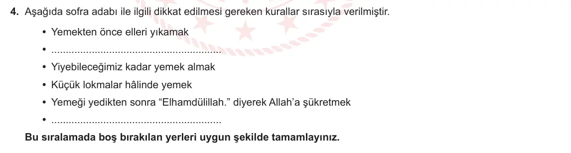 5. Sınıf Din Kültürü ve Ahlak Bilgisi 2023-2024 2. Dönem 1. Yazılı 1. Bölüm 4. Soru görseli