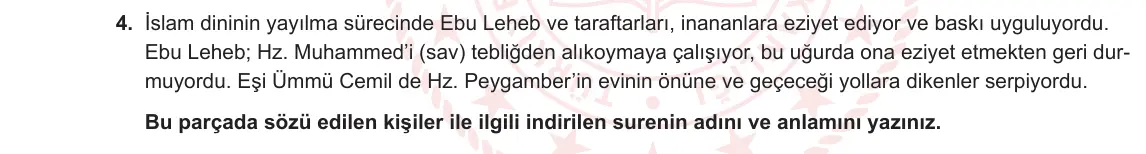 6. Sınıf Din Kültürü ve Ahlak Bilgisi 2023-2024 2. Dönem 1. Yazılı 2. Bölüm 4. Soru görseli