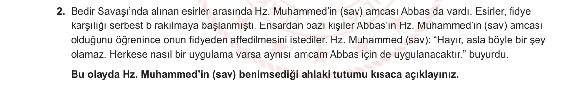 7. Sınıf Din Kültürü ve Ahlak Bilgisi 2023-2024 2. Dönem 1. Yazılı 1. Bölüm 2. Soru görseli